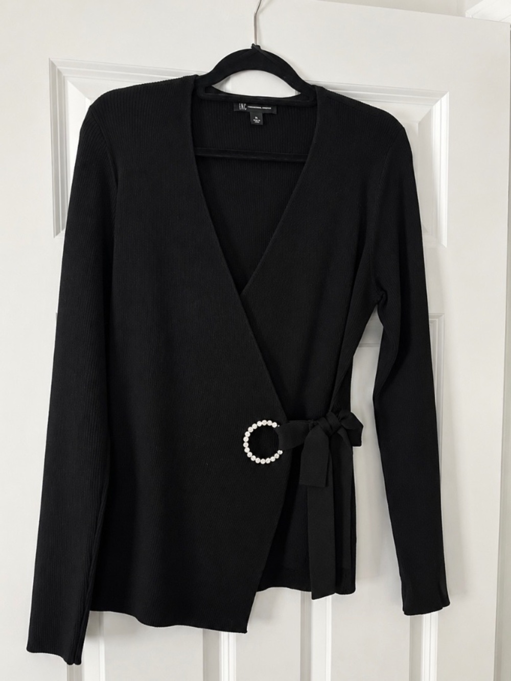 INC International Concepts Black Wrap Cardigan with Pearl Circular Buckle